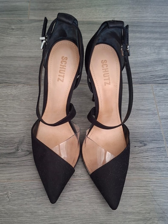 SCHUTZ Shoes - SCHUTZ Nissy Black Pointed Toe Ankle Strap Pumps with Clear Panel